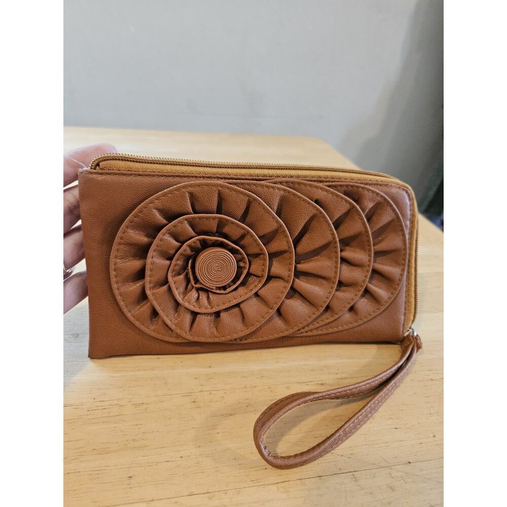 Bossani Brown Wristlet Wallet with Floral Ruffle Accent, Folding Zipper